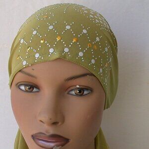 GREEN Pre-Tied Stud Chemo Cap Slip On Bonnet Hijab Undercap #1